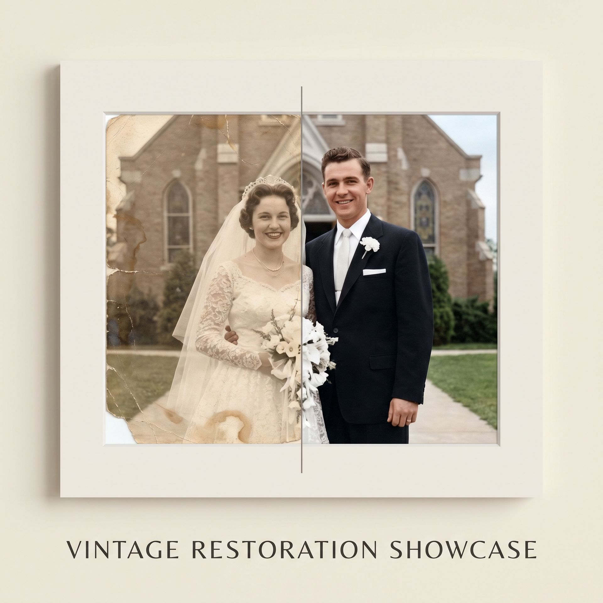Before/after split of a 1950s wedding photograph: heavy fading and torn corner on the left, fully restored on the right
