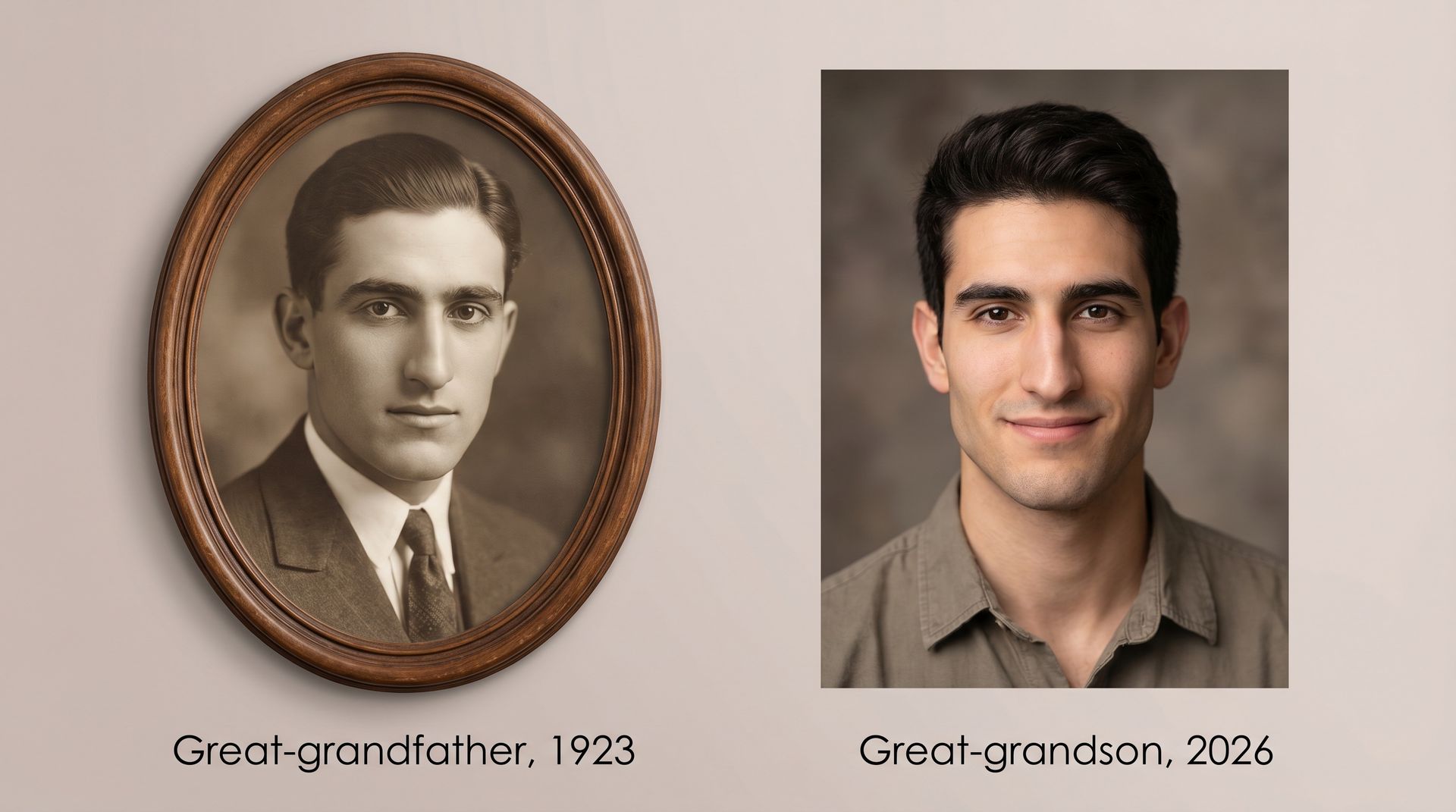 Side-by-side portrait comparison showing resemblance between a great-grandfather from 1923 and his great-grandson in 2026