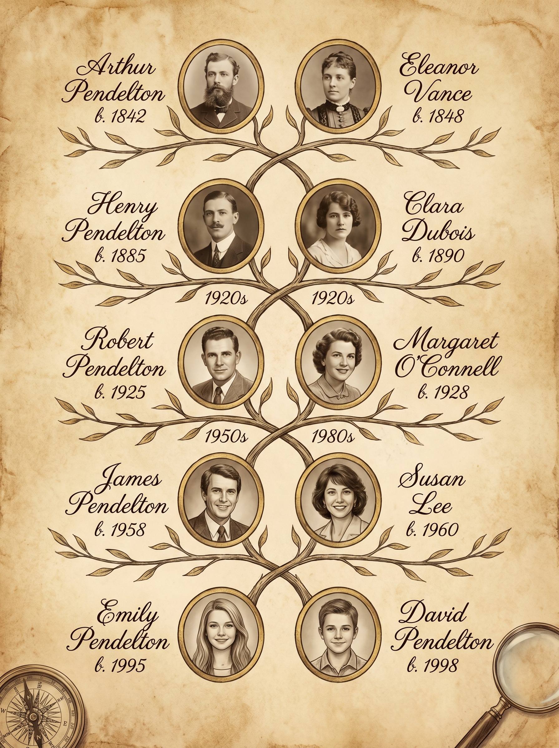 Hand-drawn genealogy family tree with restored portraits at each generation, from Victorian ancestors to modern descendants