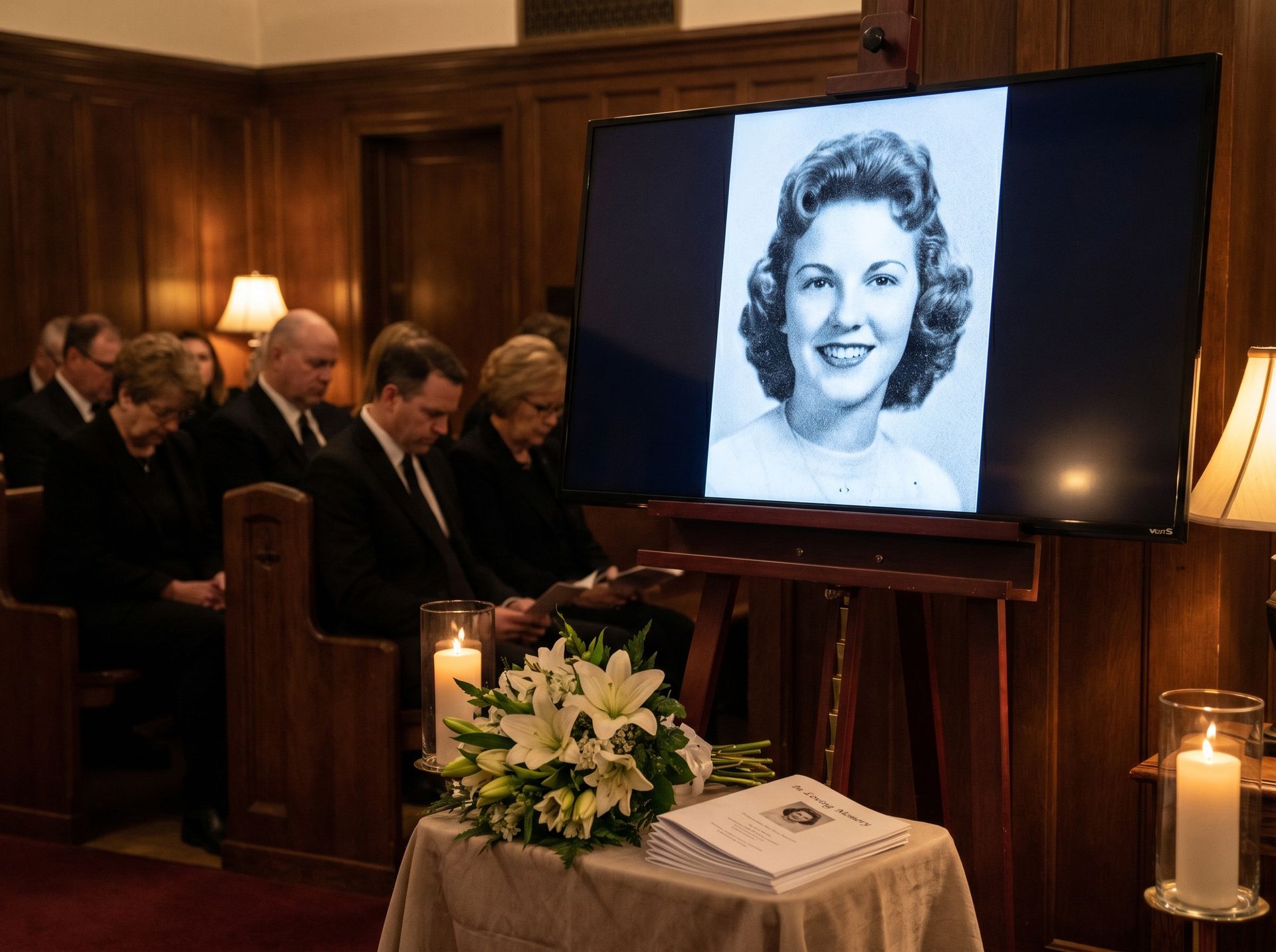 Funeral memorial slideshow on a monitor showing a beautifully restored black-and-white portrait of the deceased