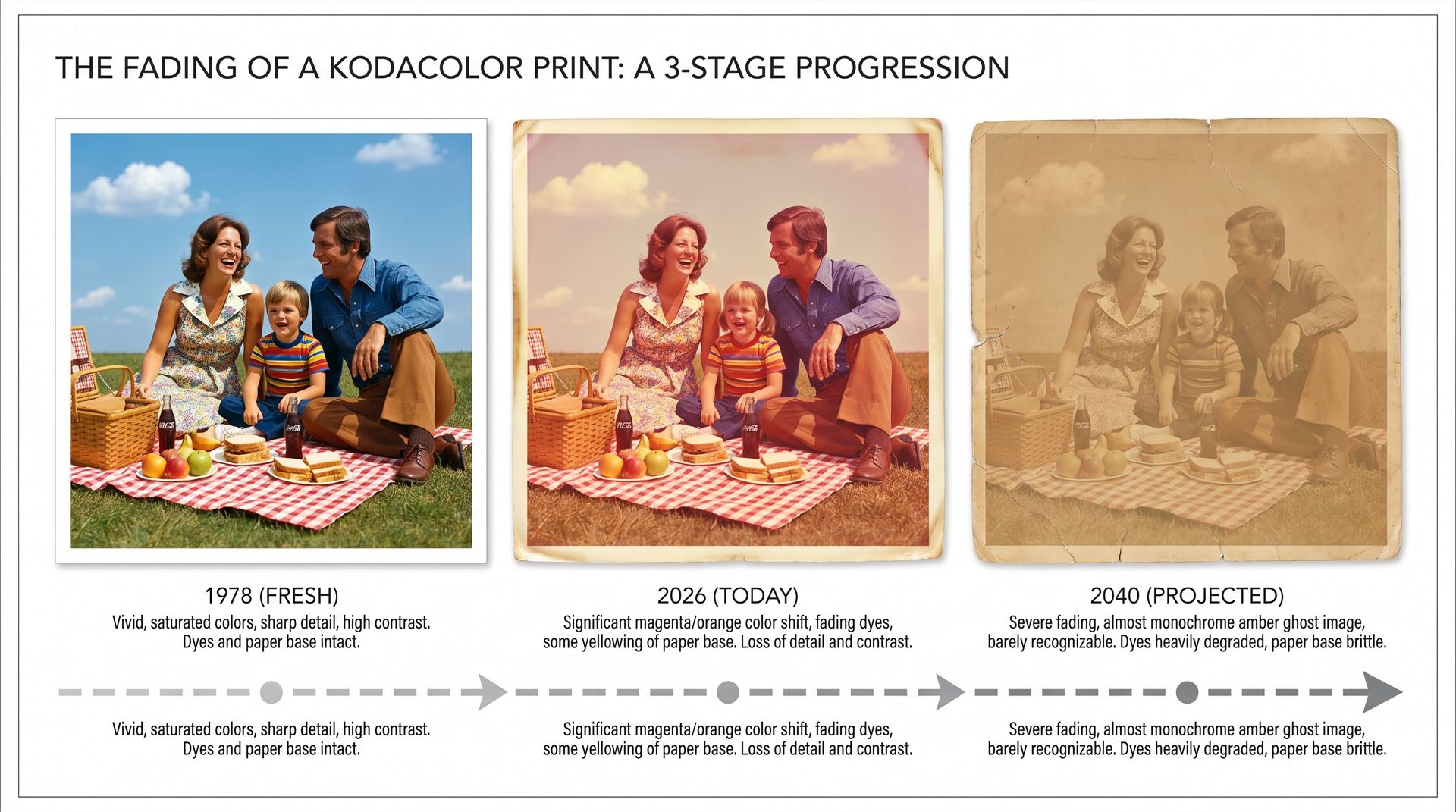 Timeline showing the same 1978 family color photograph at three points: fresh in 1978, faded in 2026, and nearly gone in 2040