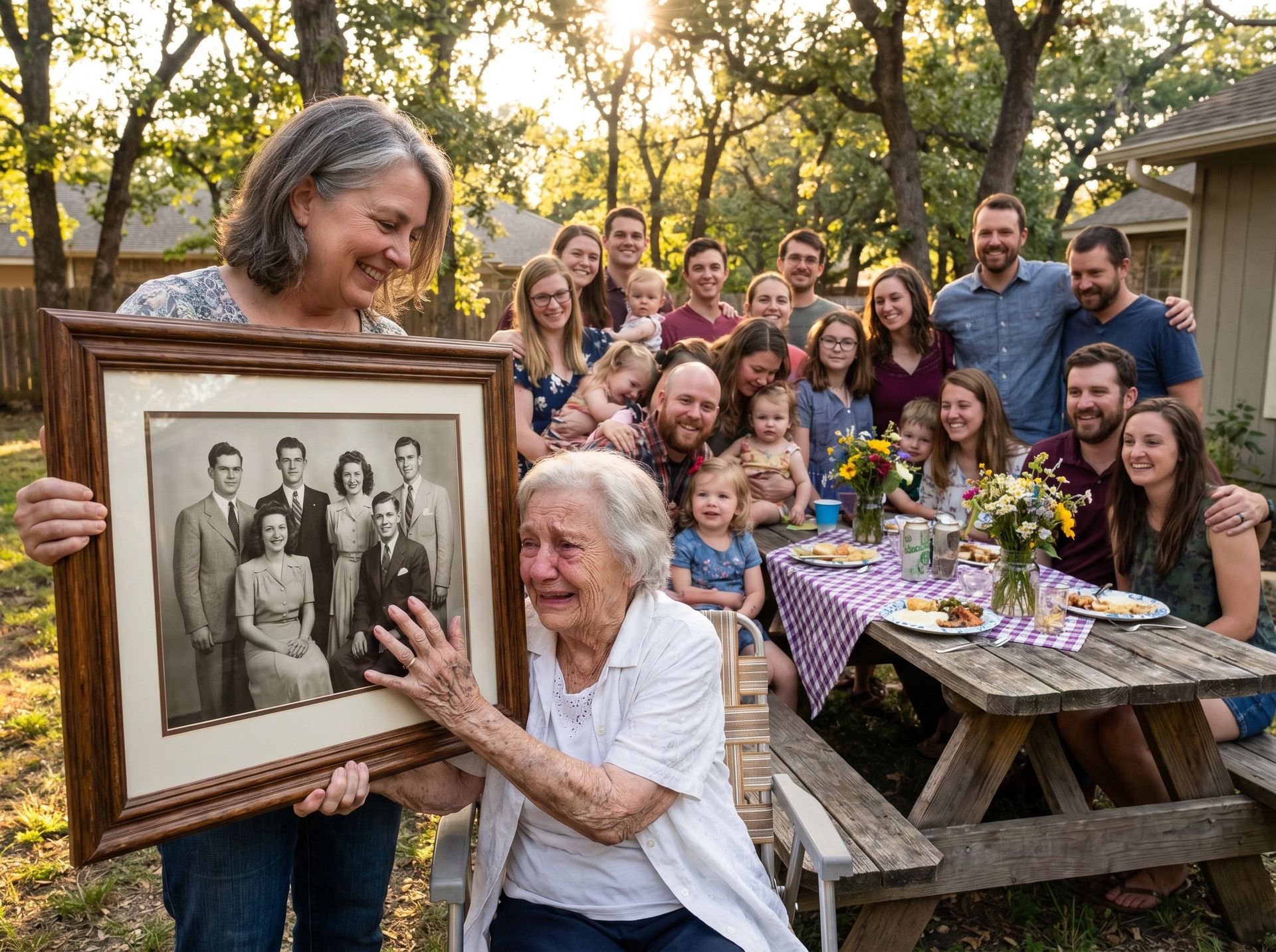 Middle-aged woman presenting a framed restored group portrait of her grandparents from the 1940s to an elderly great-aunt at a family reunion