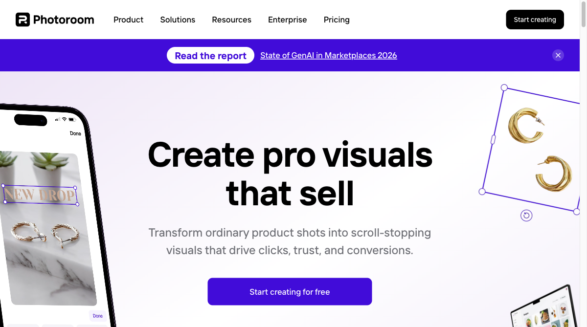 Photoroom interface showing e-commerce product background removal and template options
