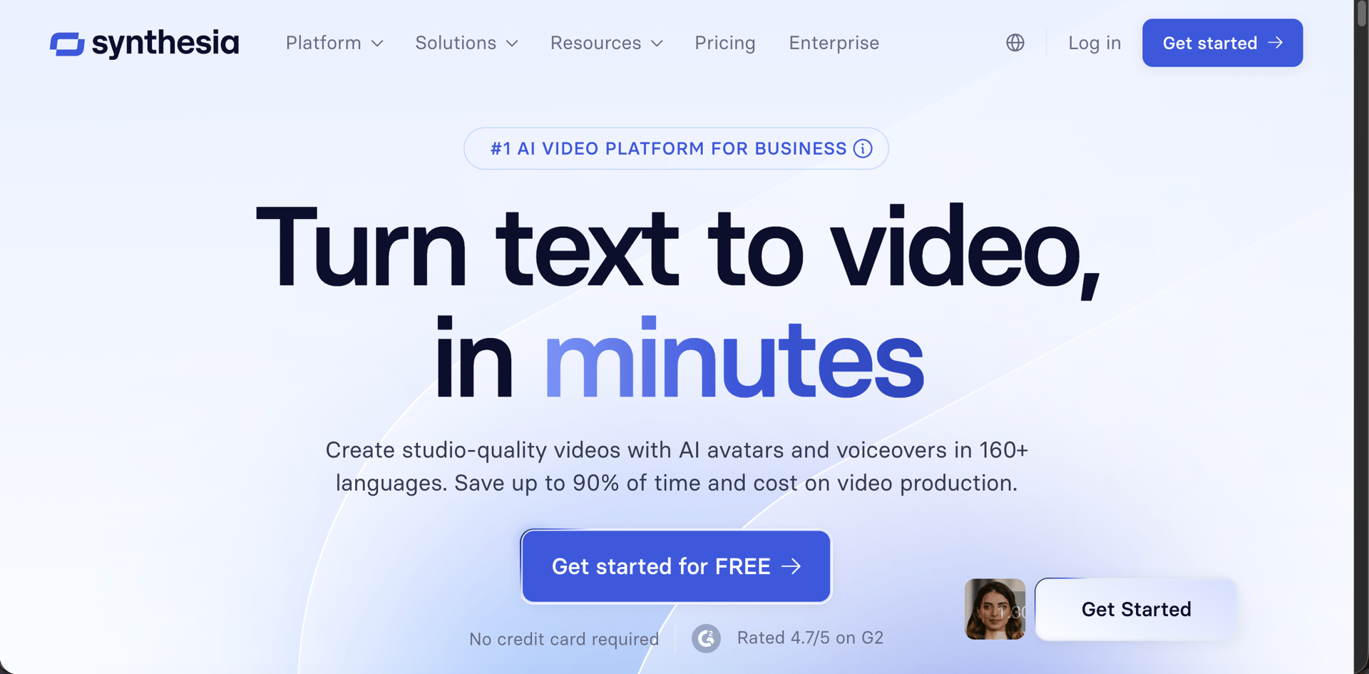 Synthesia AI avatar platform showing 240+ stock avatars with PowerPoint-to-video conversion