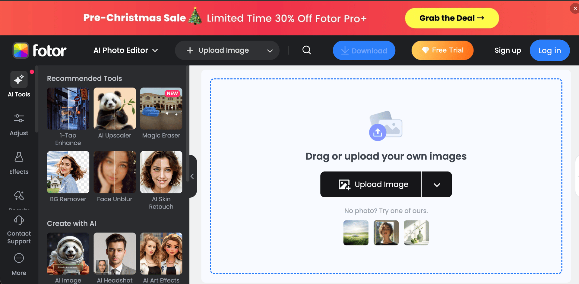 Fotor AI Photo Restorer interface showing scratch repair and face enhancement tools