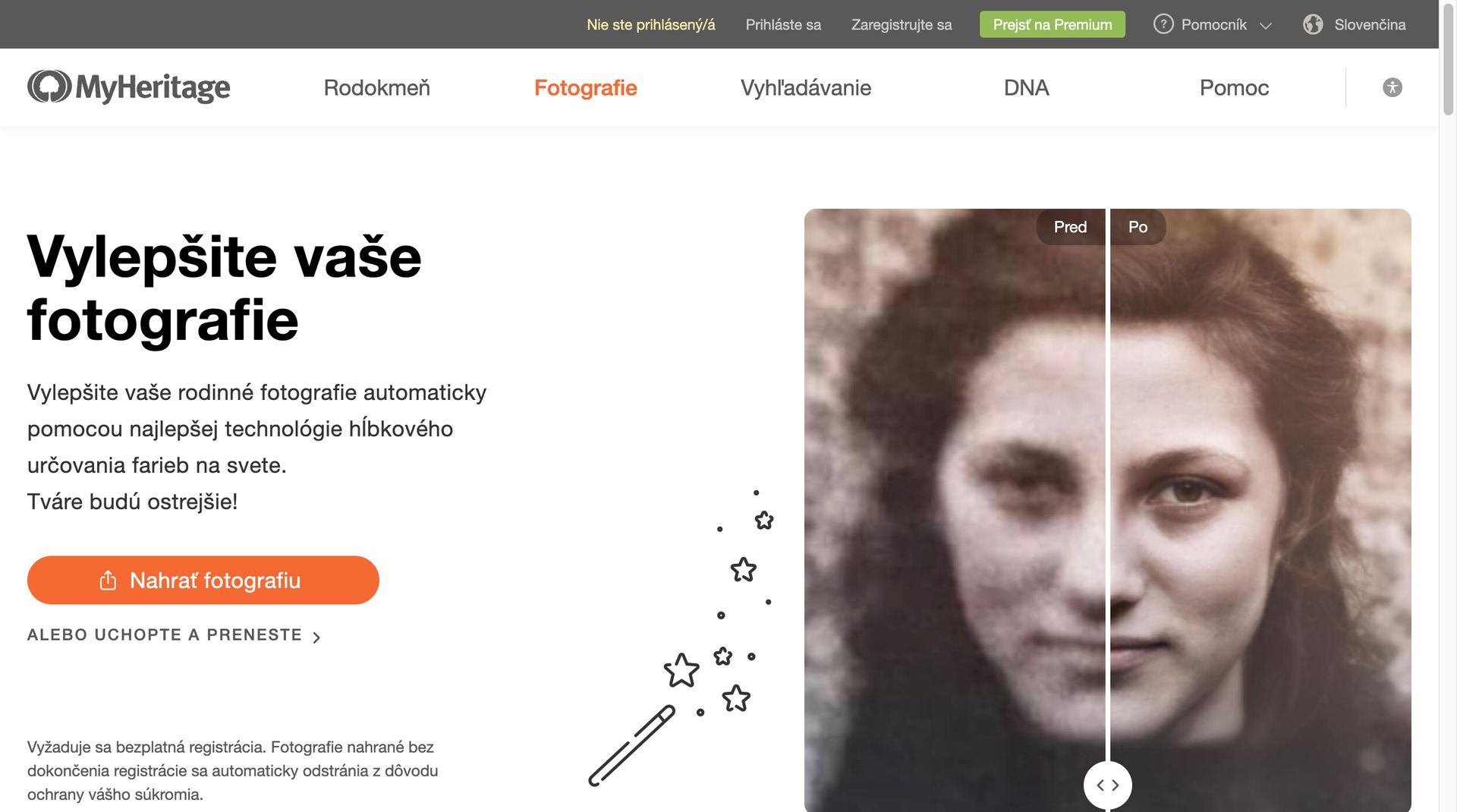 MyHeritage Photo Enhancer interface showing colorization and Deep Nostalgia animation features
