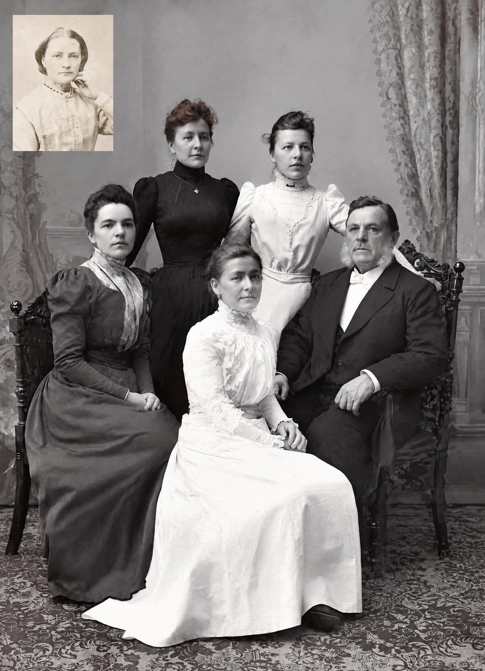The same portrait restored: clean, neutral black and white, every face sharp