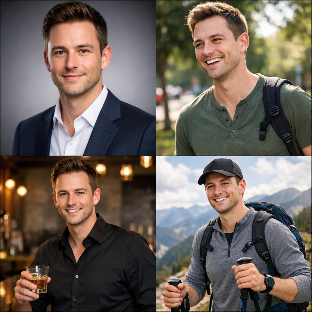 Four different dating photo styles for the same person