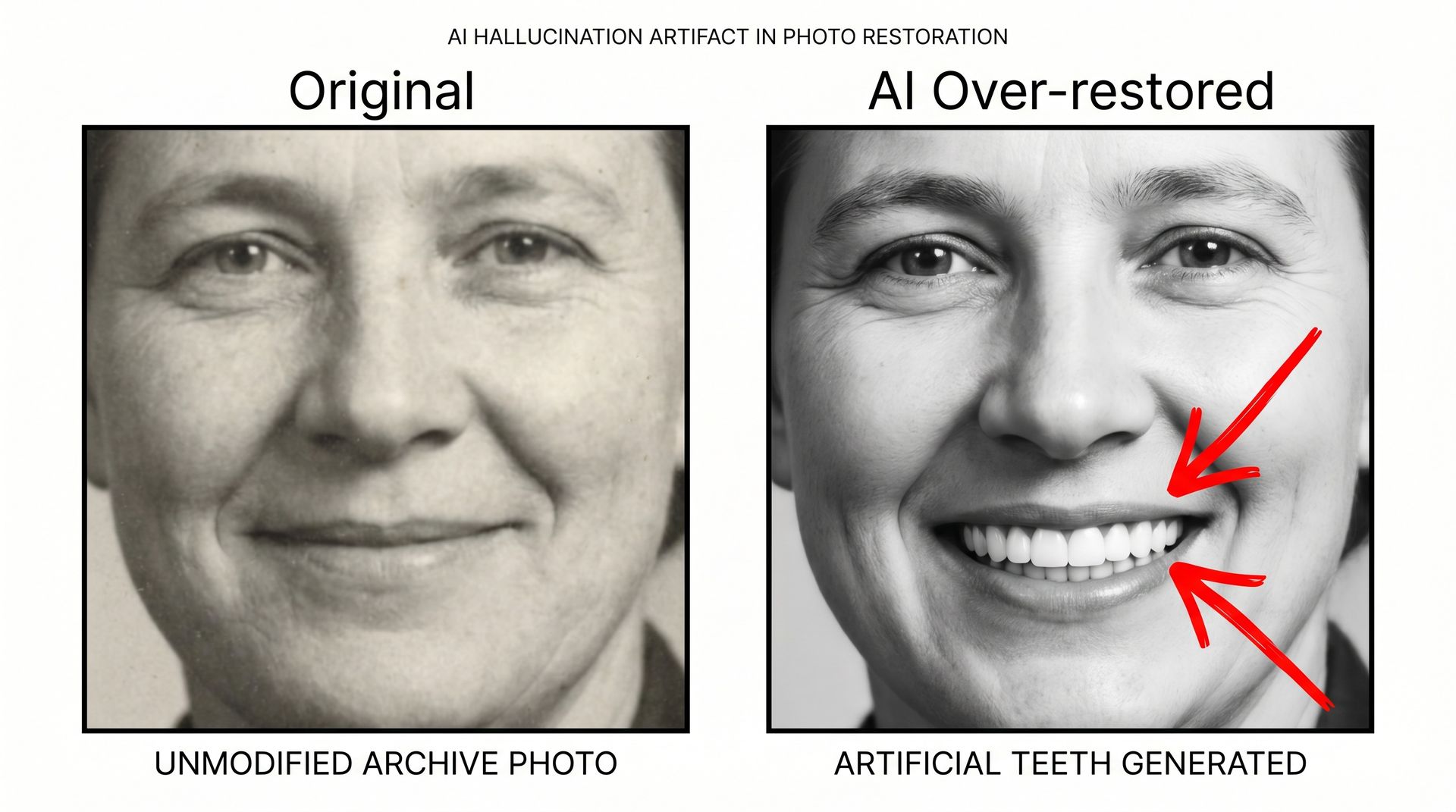 Comparison showing an AI restoration that hallucinated a set of teeth in a photo where the subject had a closed-mouth smile