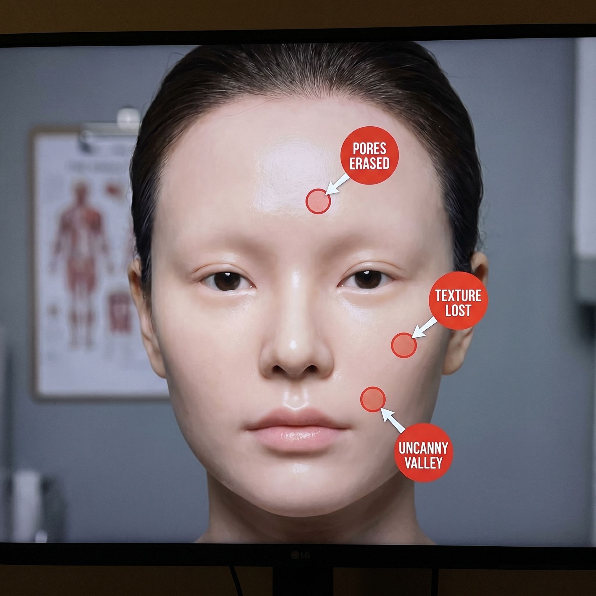 Close-up of an over-restored face showing smoothed waxy skin with pores and fine lines erased, an uncanny valley effect