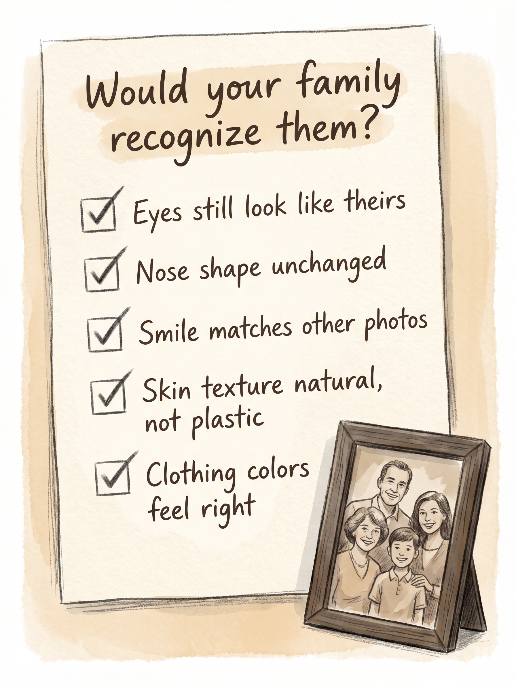 Editorial illustration of a handwritten checklist titled 'Would your family recognize them?' with five items to check on a restored photograph