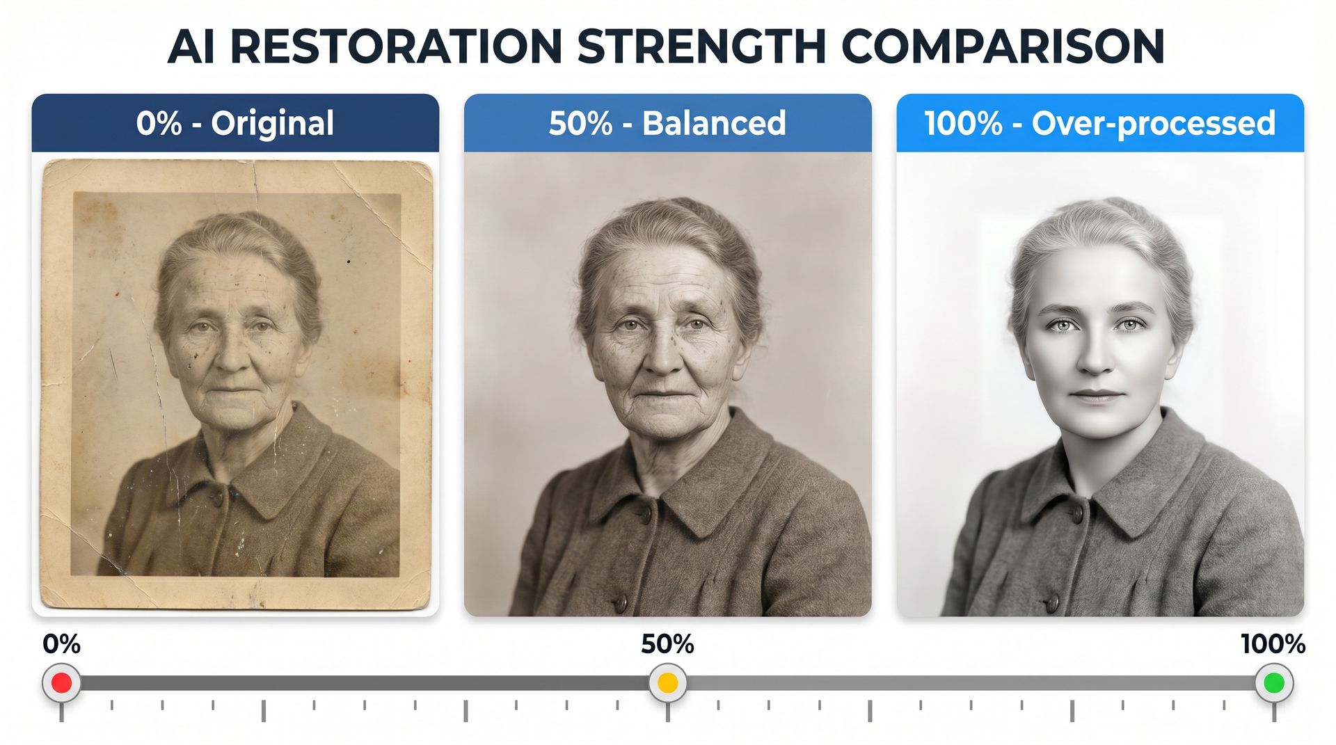 Three-panel comparison showing the same vintage portrait at 0% original, 50% balanced restoration, and 100% over-processed