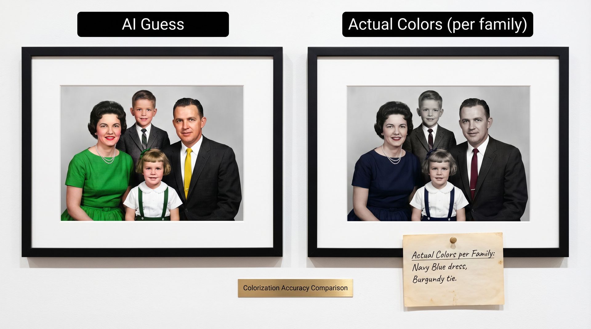 Colorization accuracy comparison showing AI guessing a dress as green when family records indicate it was navy blue