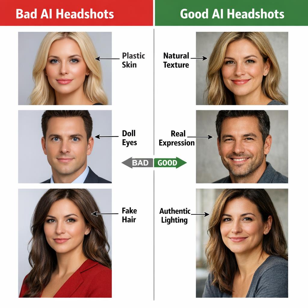 Comparison grid showing bad vs good AI headshots