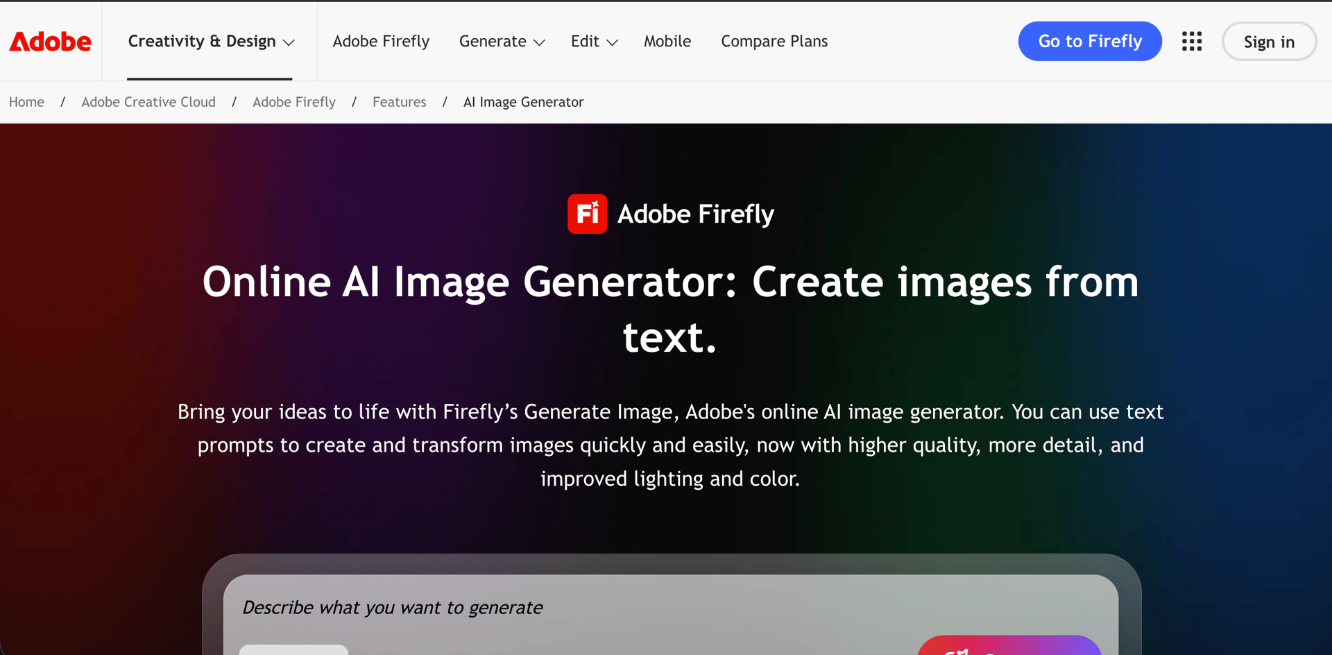 Adobe Firefly AI image generator interface