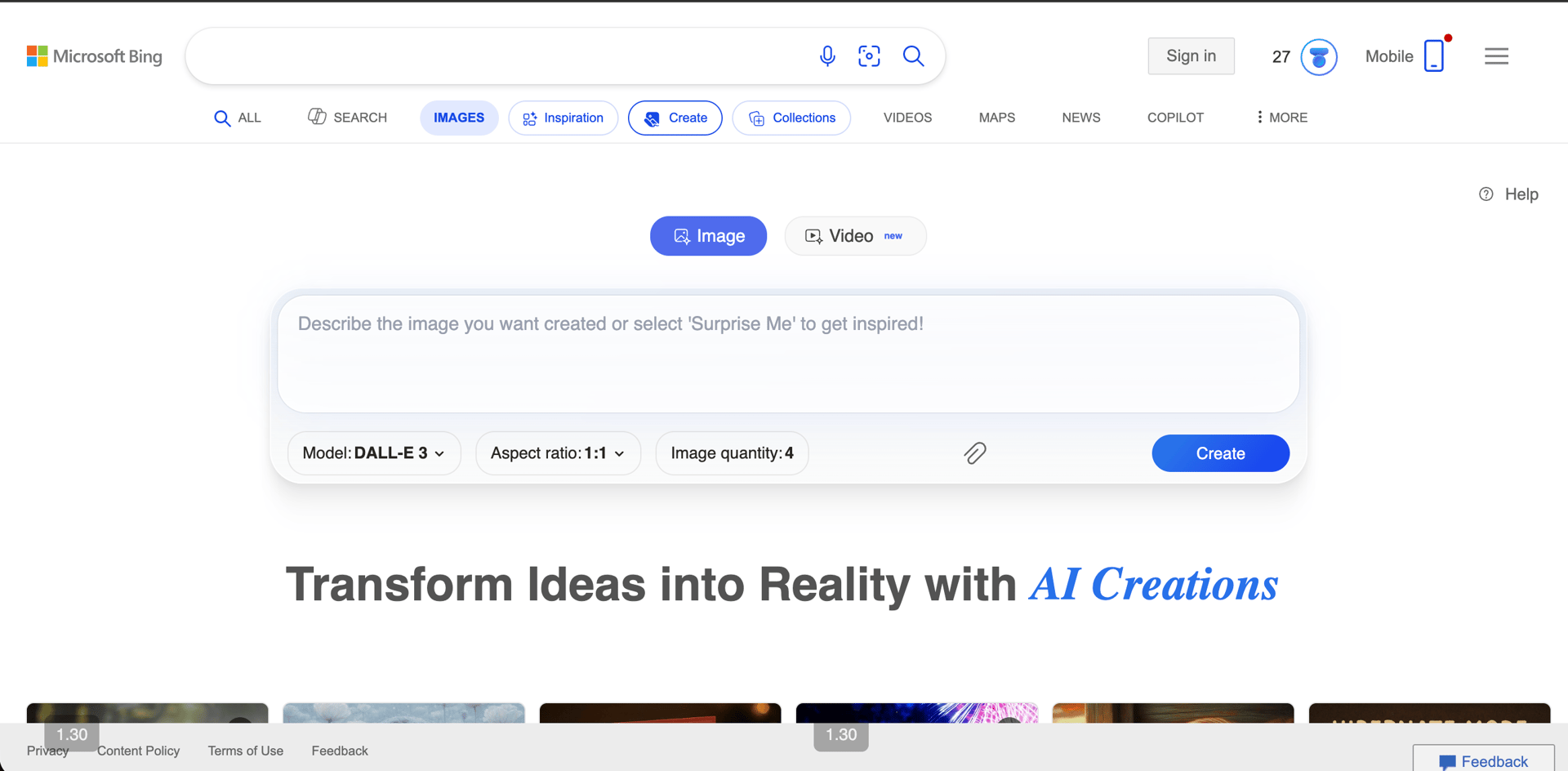 Microsoft Bing Image Creator interface
