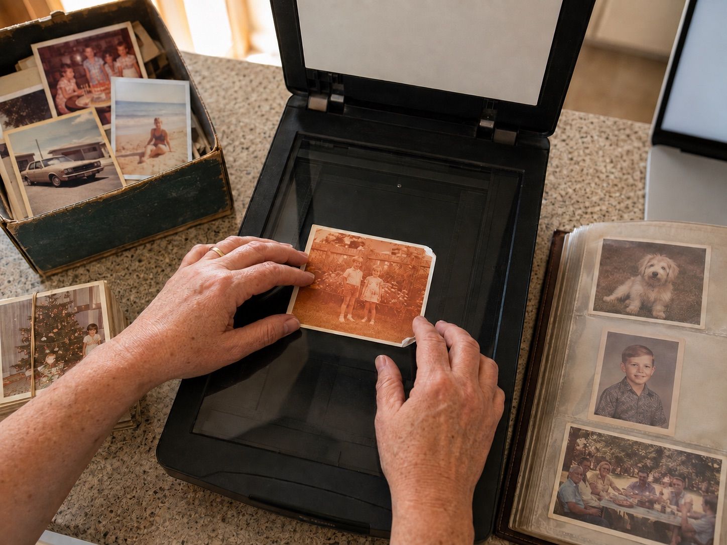 Two hands lowering a small faded orange 1970s snapshot of two children onto the glass of a flatbed scanner, a shoebox of loose prints on one side and an open photo album on the other