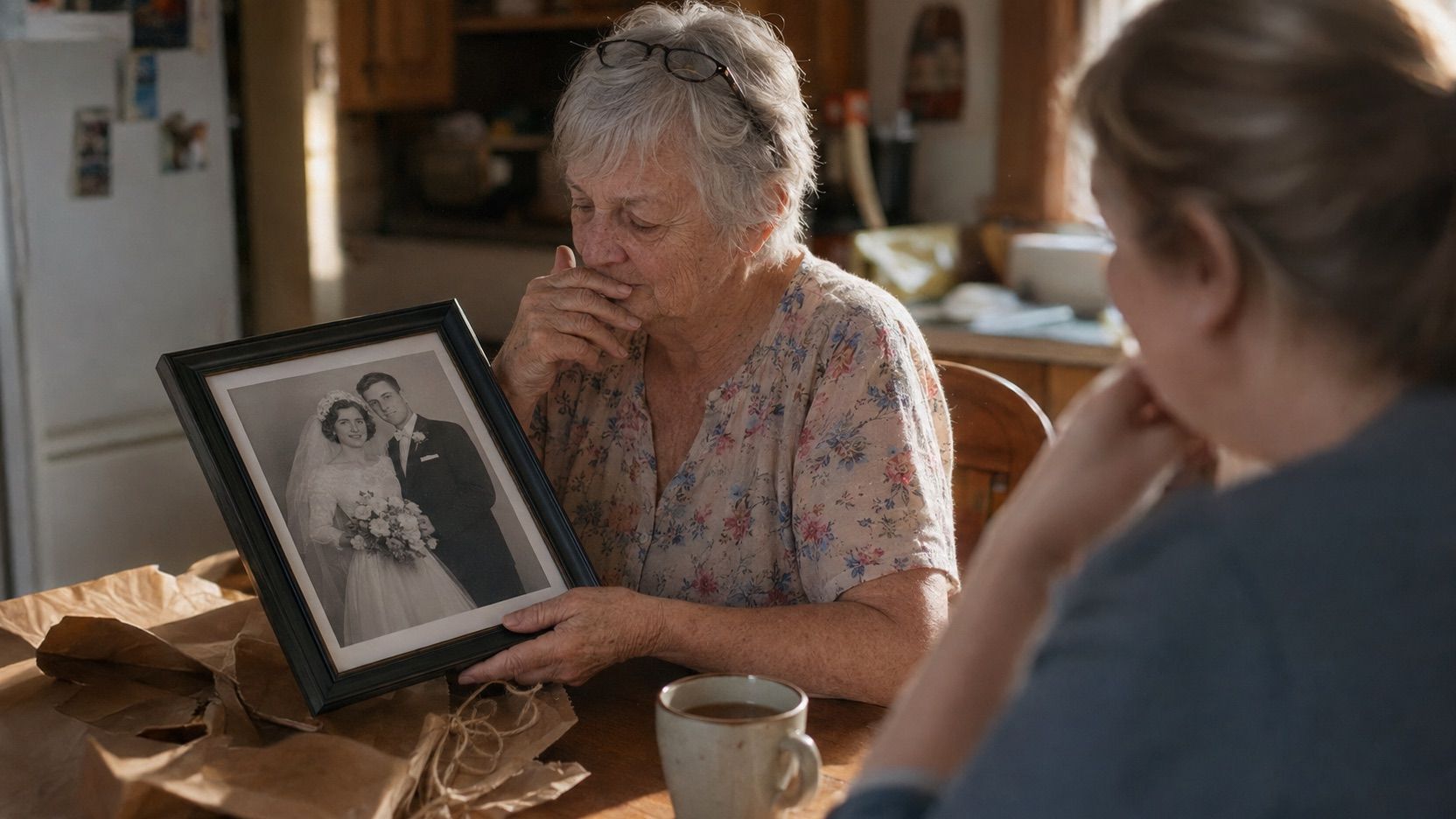 A woman in her seventies at a kitchen table in late afternoon light, looking down at a newly framed restored black-and-white wedding photo of her parents, one hand halfway to her mouth, torn kraft paper and a mug of tea beside her and her daughter out of focus in the foreground