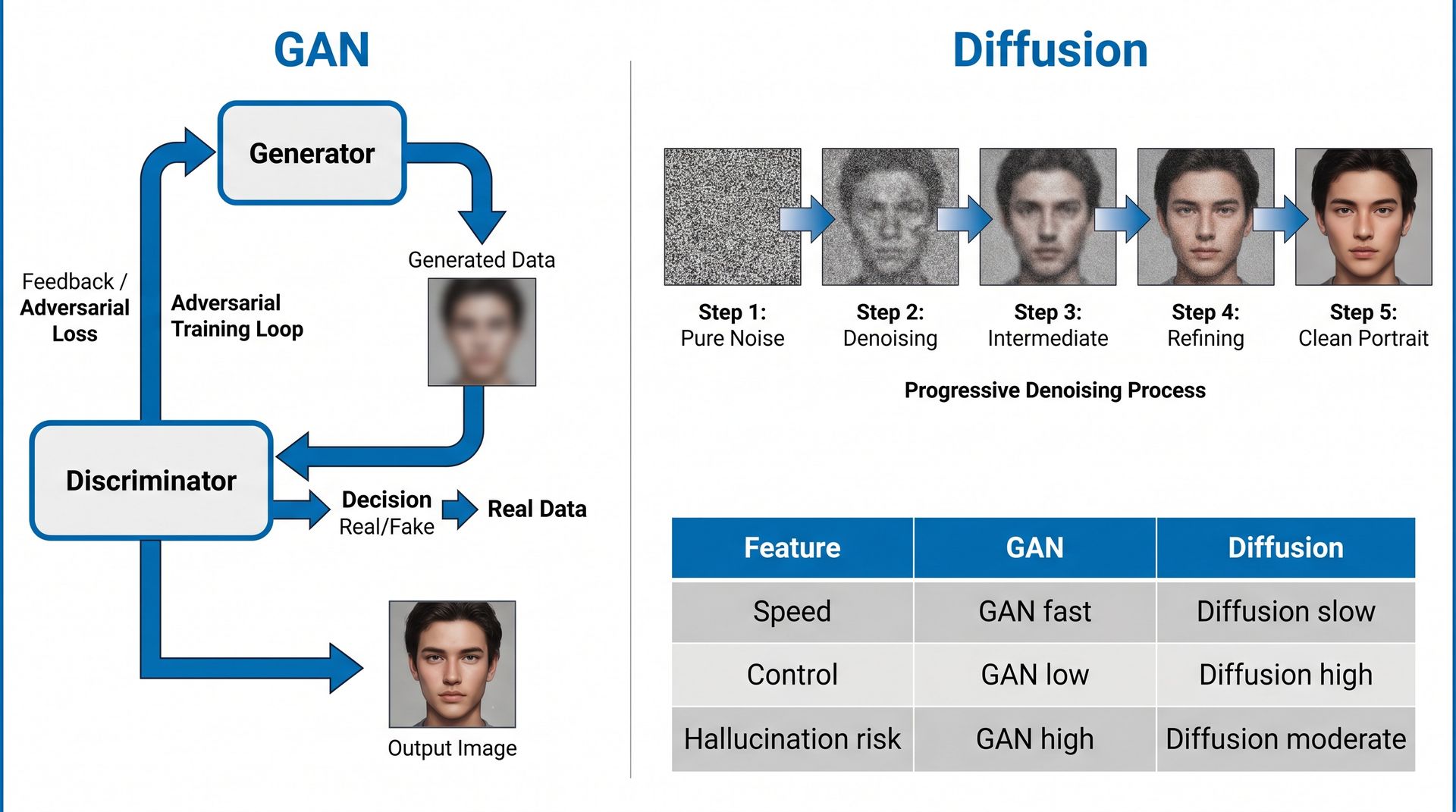 Visual comparison of two generations of image AI: older GAN-based models versus newer diffusion-based frontier models