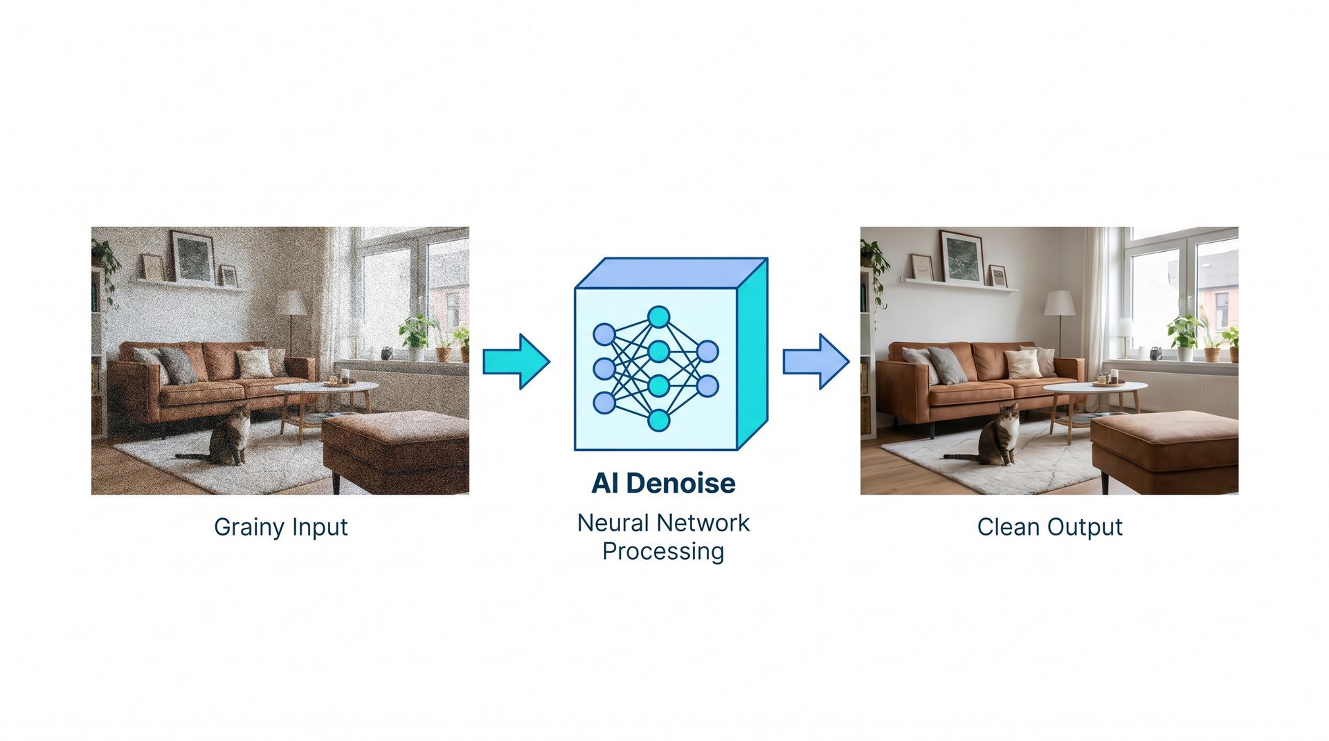 Diagram of AI denoising separating random sensor noise from real image detail like hair and fabric, then rebuilding a clean photo