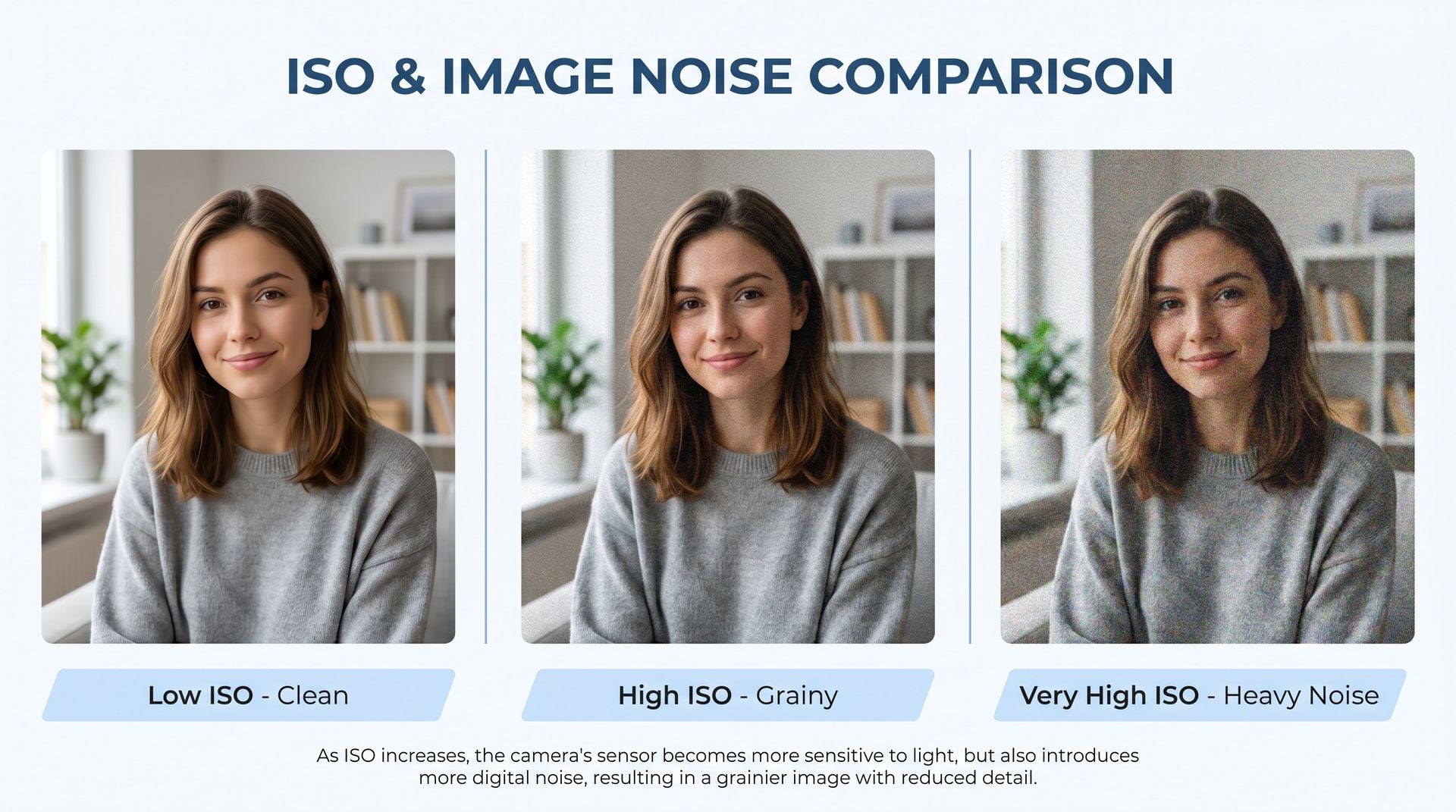 Comparison strip showing the same photo at low ISO, medium ISO, and high ISO with grain increasing as ISO rises in low light