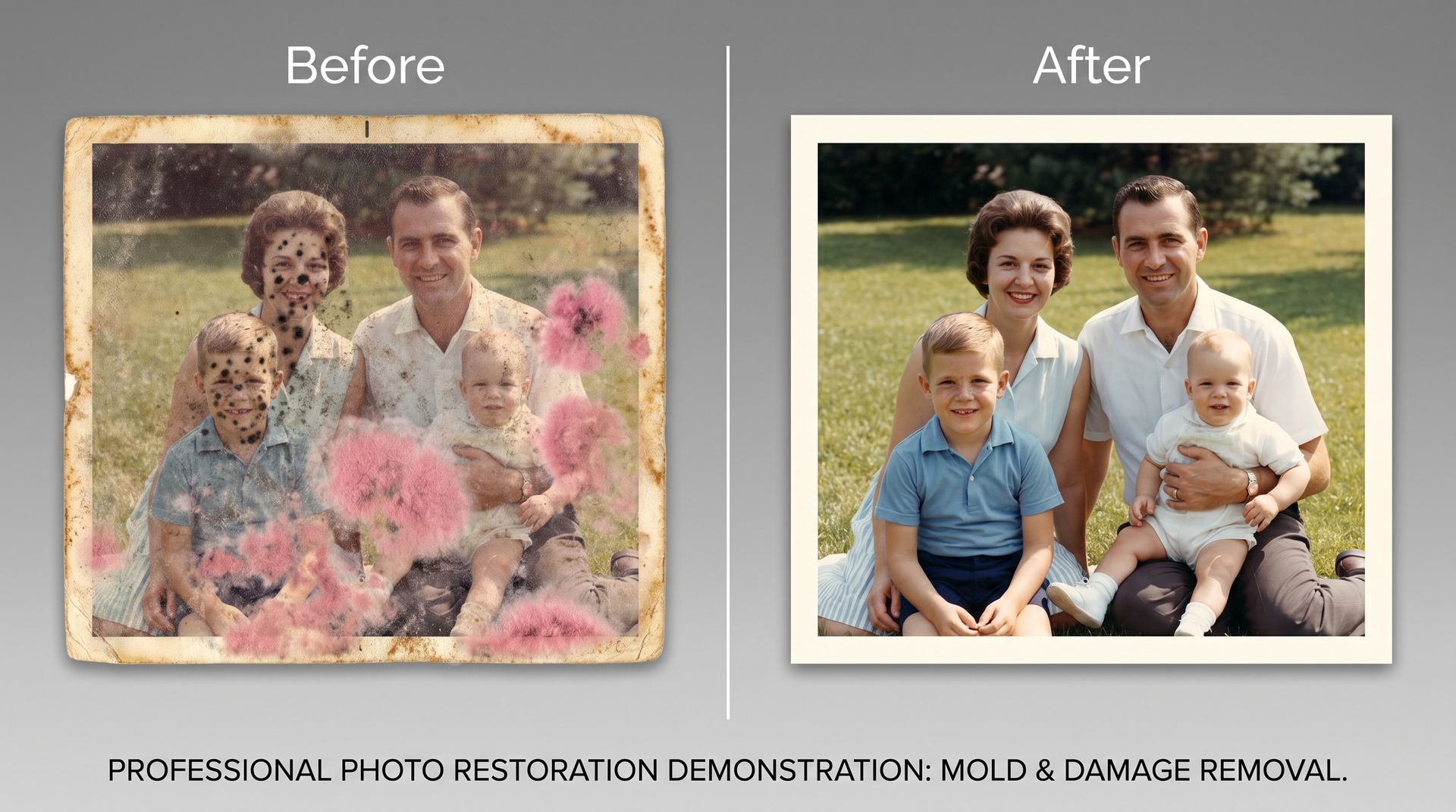Before and after AI restoration of a moldy 1960s family photograph: pink staining and black spots removed, faces restored