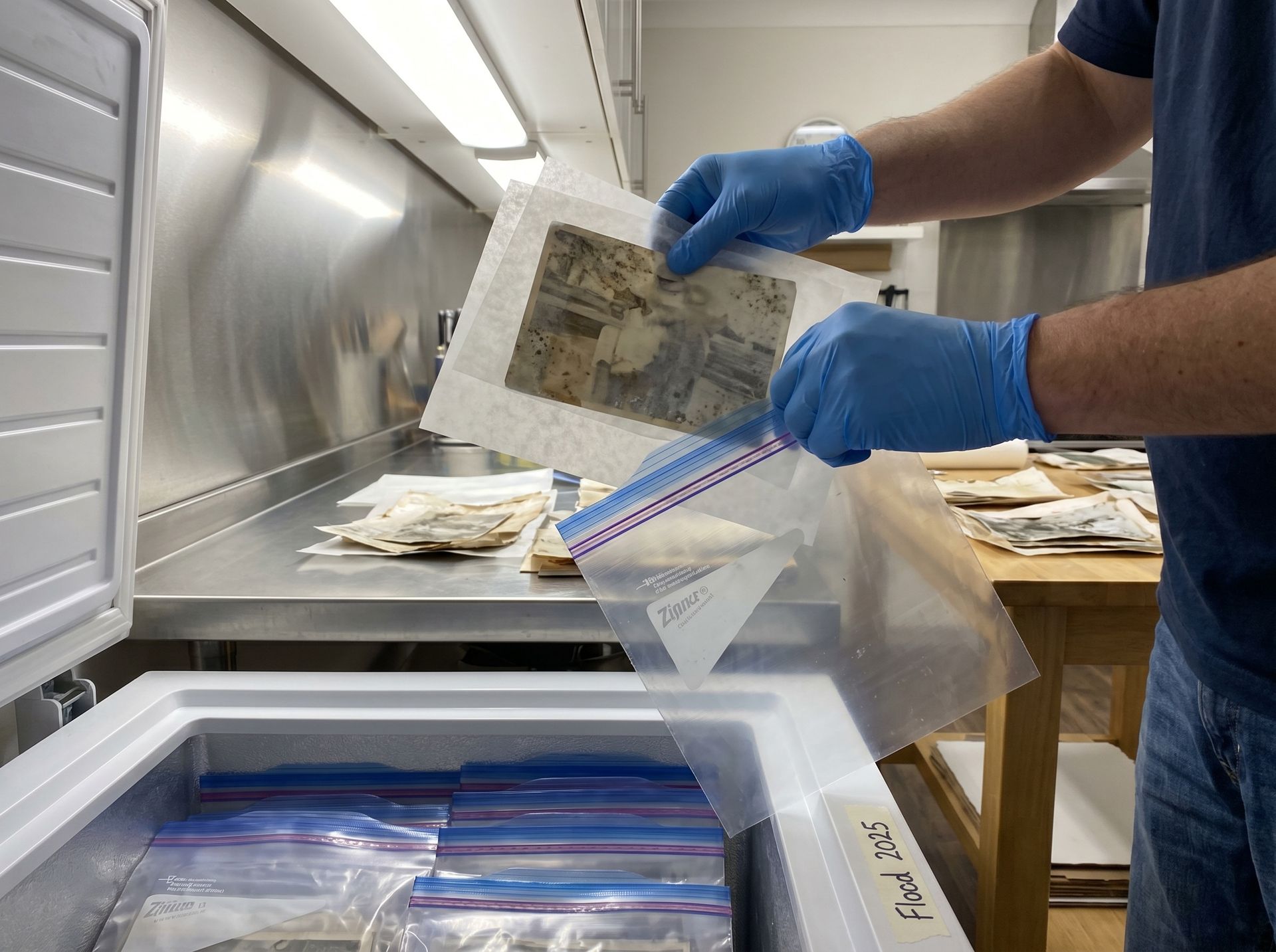 Hands in nitrile gloves placing old photographs between wax paper into ziplock freezer bags for the freeze-first flood recovery protocol