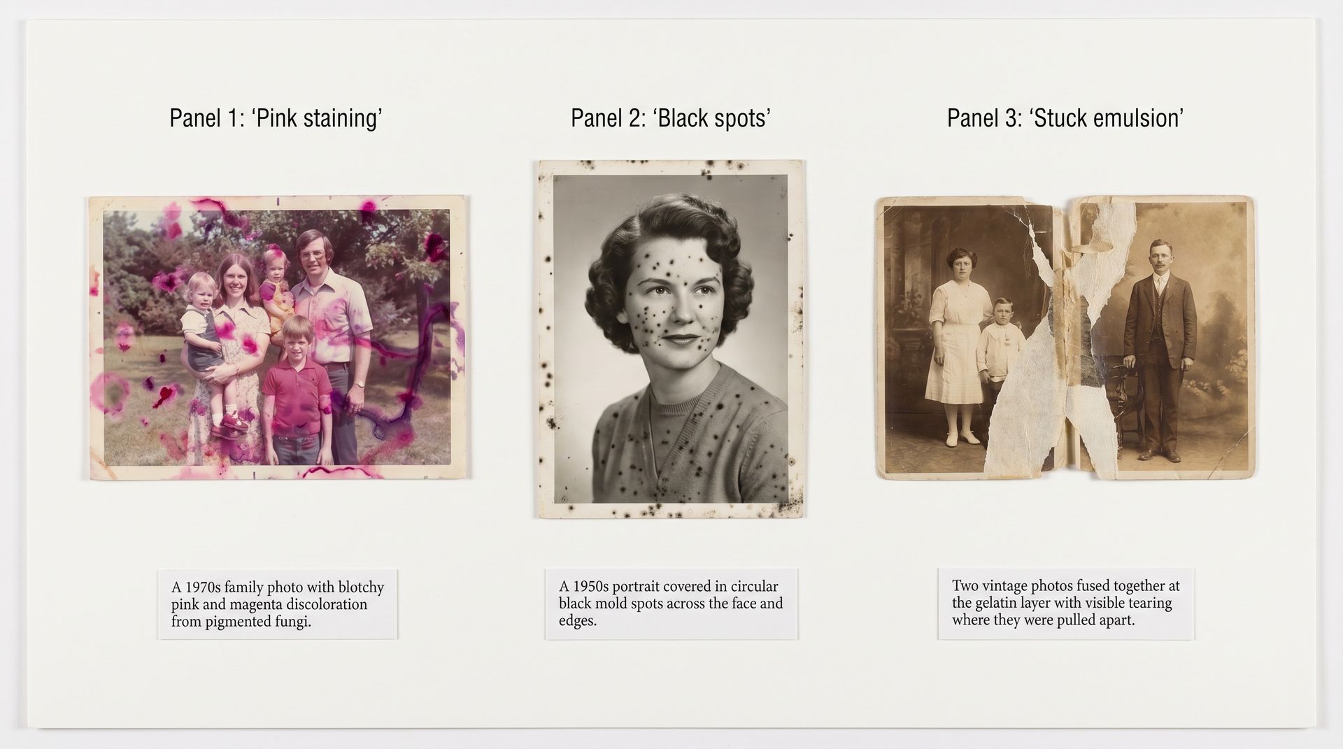 Three types of mold damage on vintage photographs: pink pigment staining, black fungal spots, and fused emulsion between stuck prints