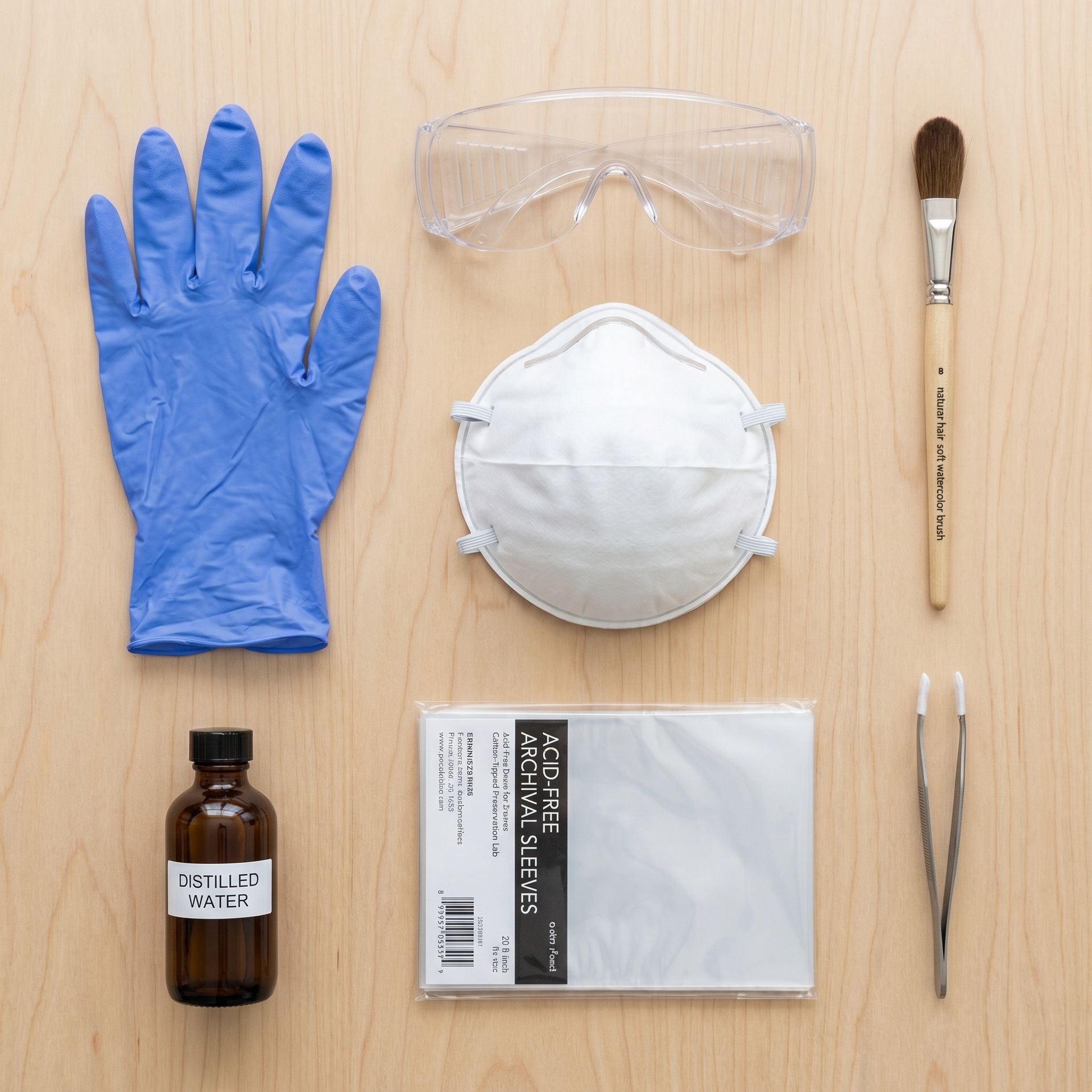 Flat-lay of safety gear for handling moldy photographs: N95 respirator, nitrile gloves, safety goggles, soft brush, acid-free sleeves