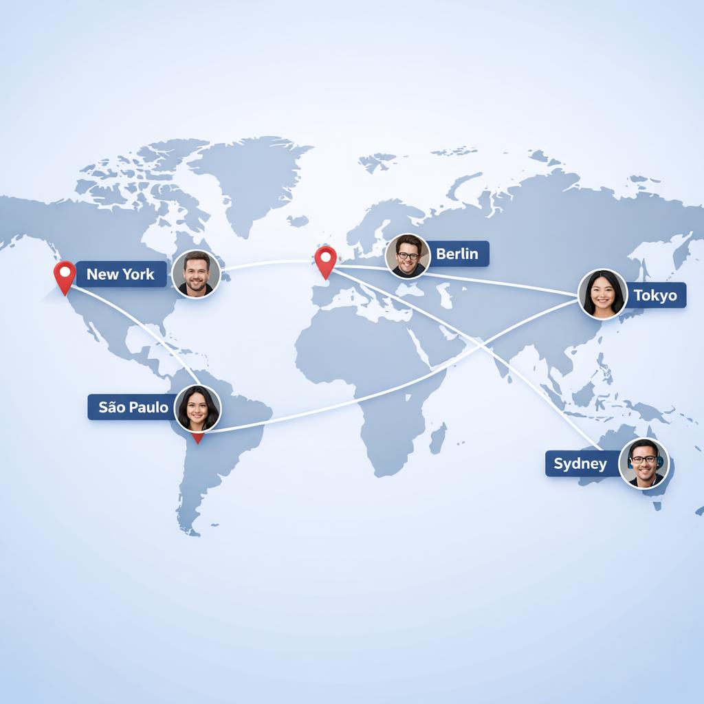 World map showing distributed team with consistent headshots