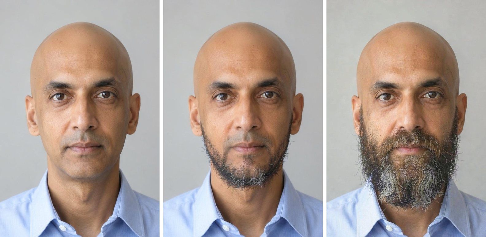 The same AI bald preview of a man three ways: clean-shaven, with stubble, and with a full gray-flecked beard