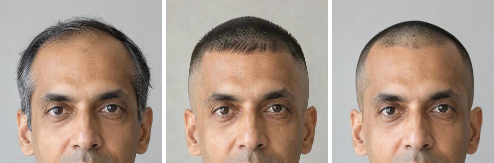 A man with a receding hairline and gray temples; an AI buzz cut with his hairline moved down and filled in; an AI buzz cut that keeps the receding corners but turns the gray dark