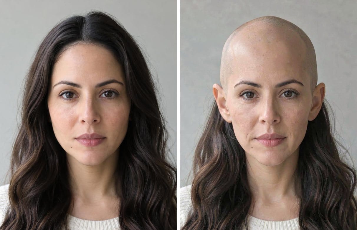 A woman with long wavy dark hair, then an AI bald preview where the top of her head is shaved but long hair still hangs past her shoulders