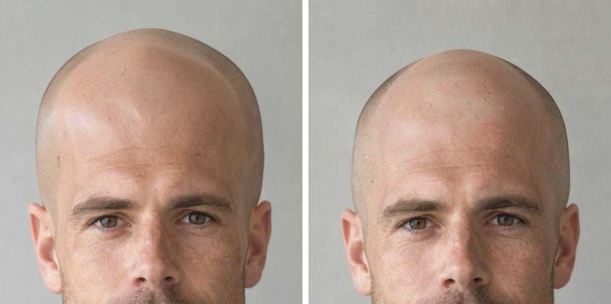 Two AI bald previews made from the same photo of the same man: the first has a tall crown with a ridge across the top, the second a lower, smoother crown