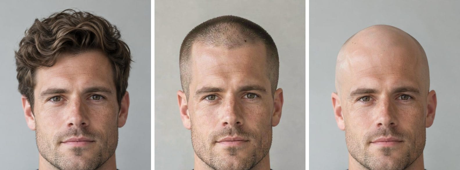 A man with thick wavy brown hair and stubble, then an AI buzz cut preview of him, then an AI bald preview