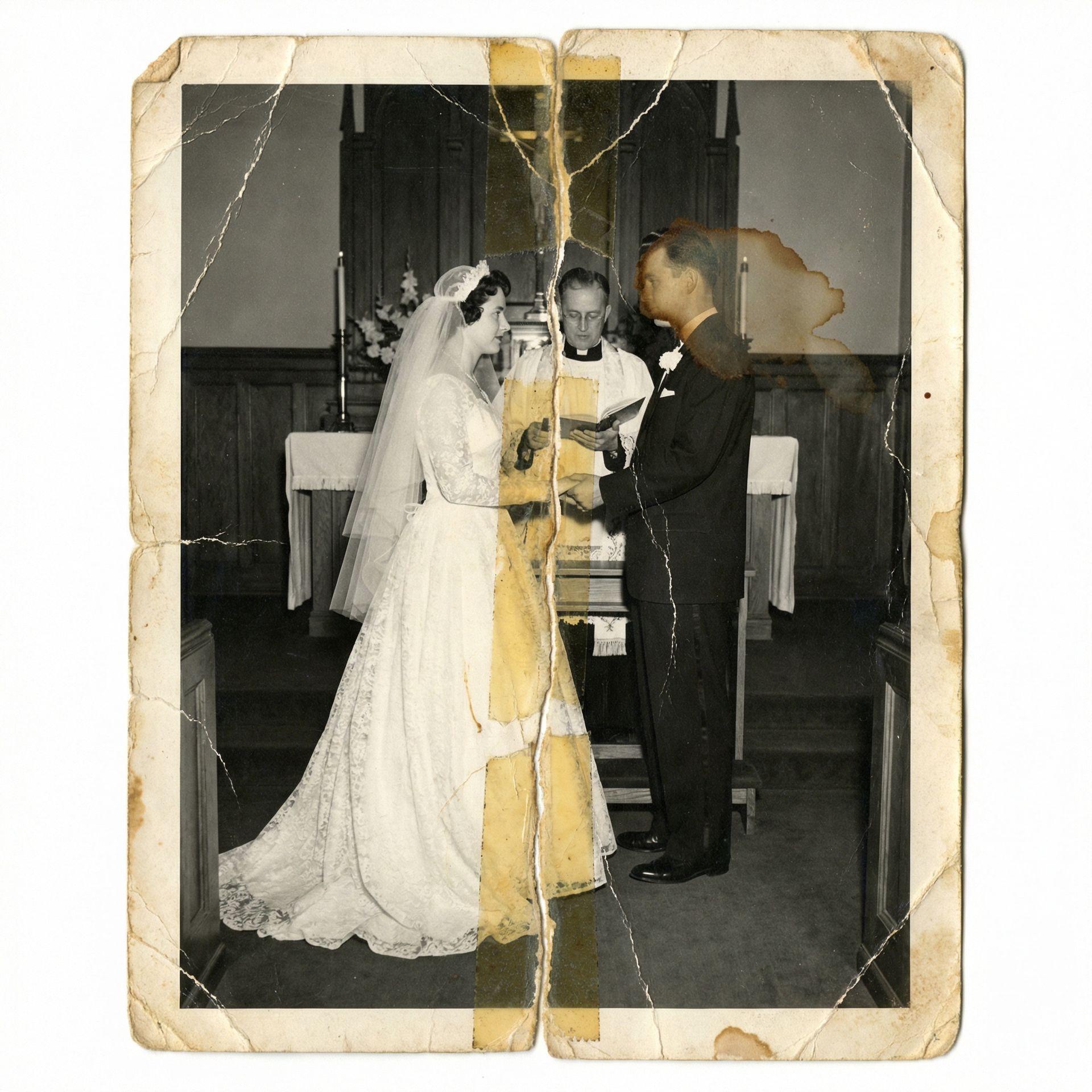 Repair torn wedding photographs, before restoration