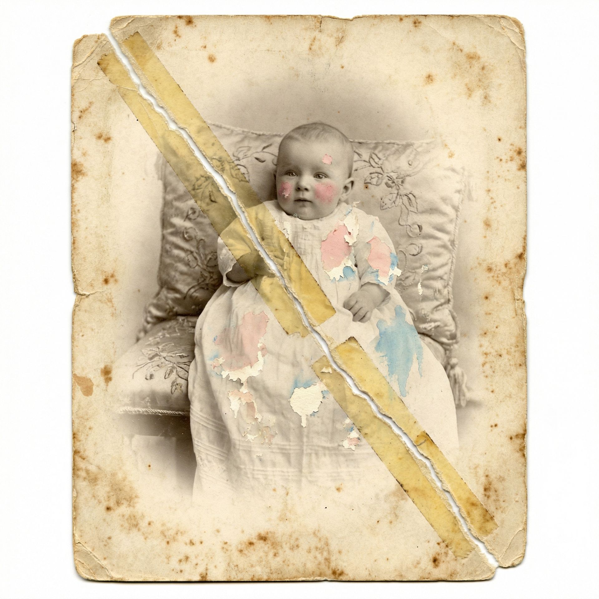 Fix torn antique baby photos, before restoration