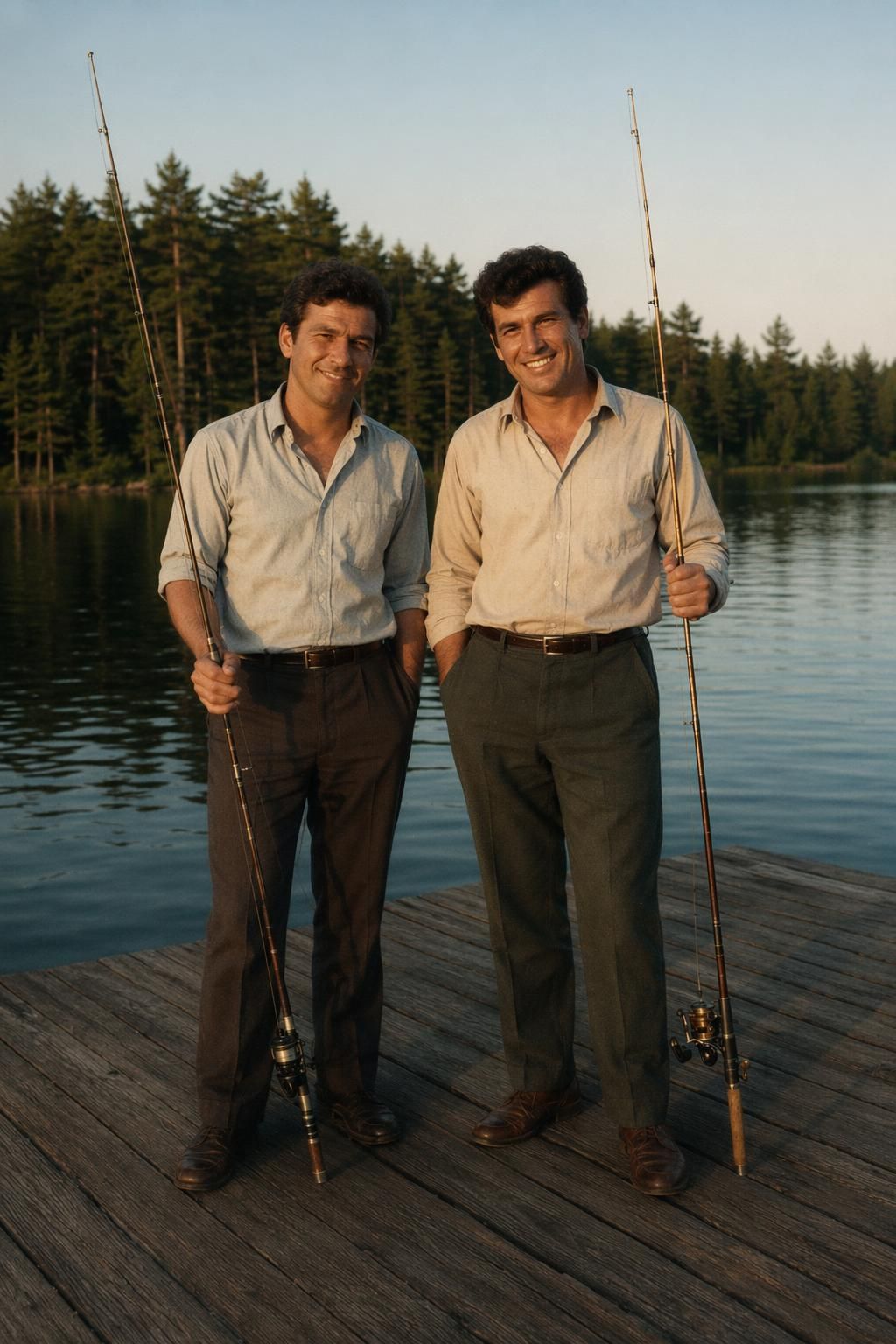 Restored 1968 photo of Robert's father and uncle on a fishing dock