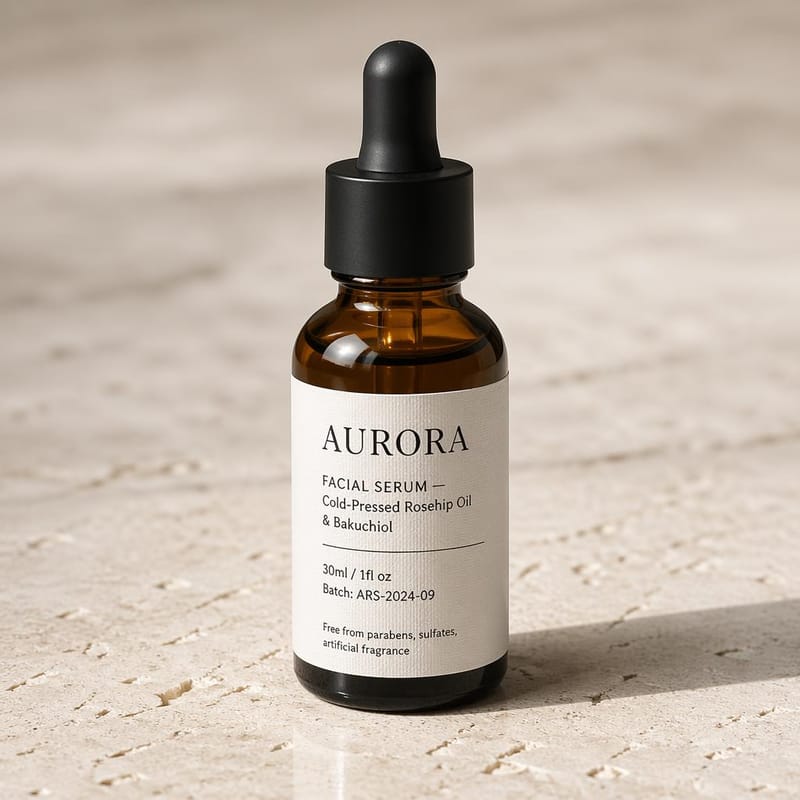 Photorealistic amber apothecary serum bottle with printed label