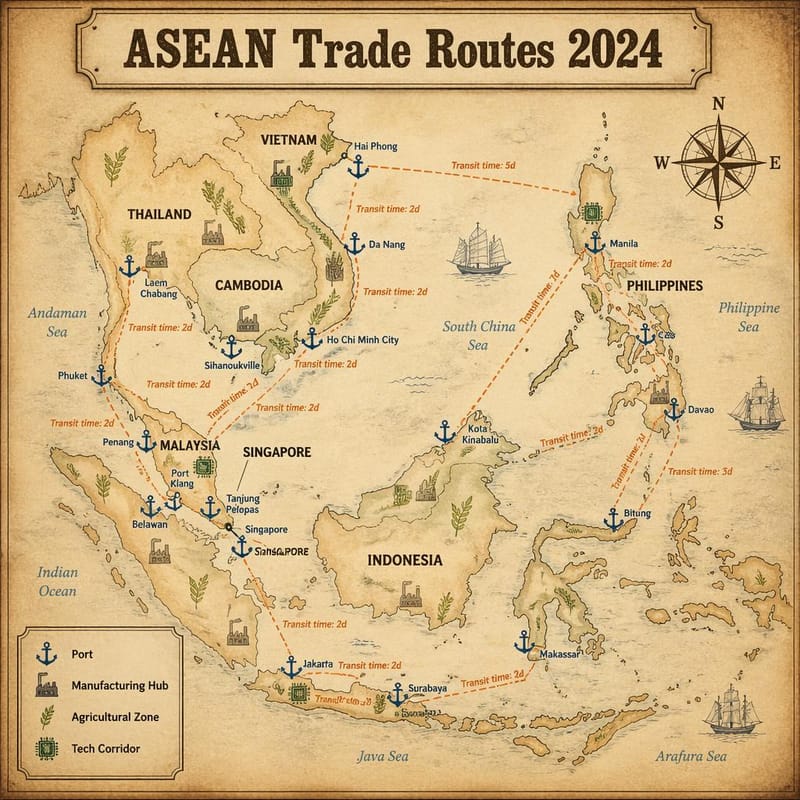 Illustrated cartographic infographic of Southeast Asia shipping routes