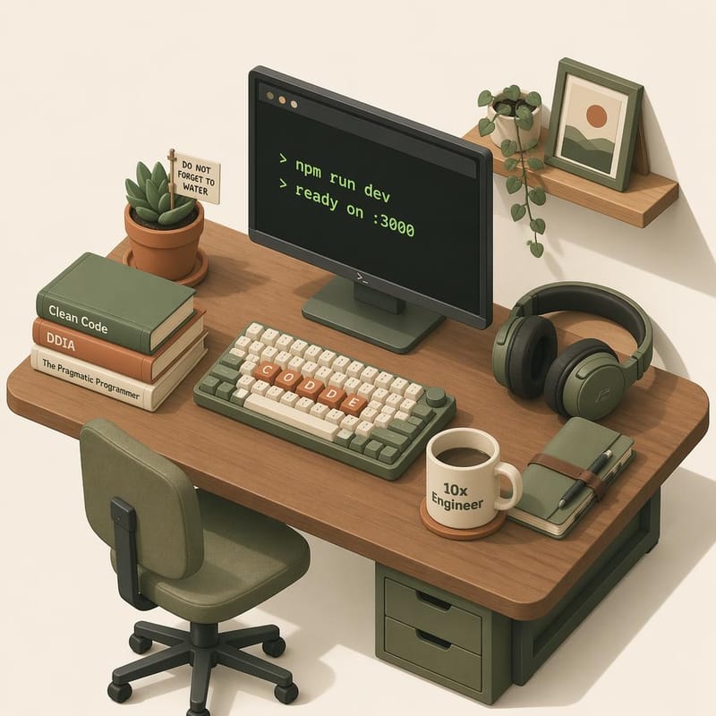 Isometric 3D illustration of a home office with labeled props