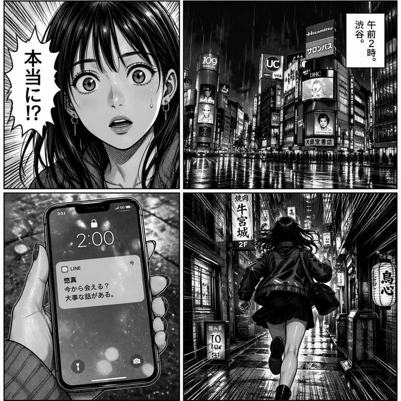 Four-panel manga page with Japanese text