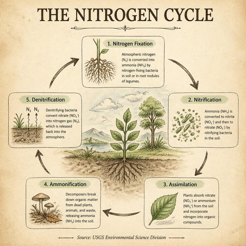 Hand-drawn educational poster explaining the nitrogen cycle