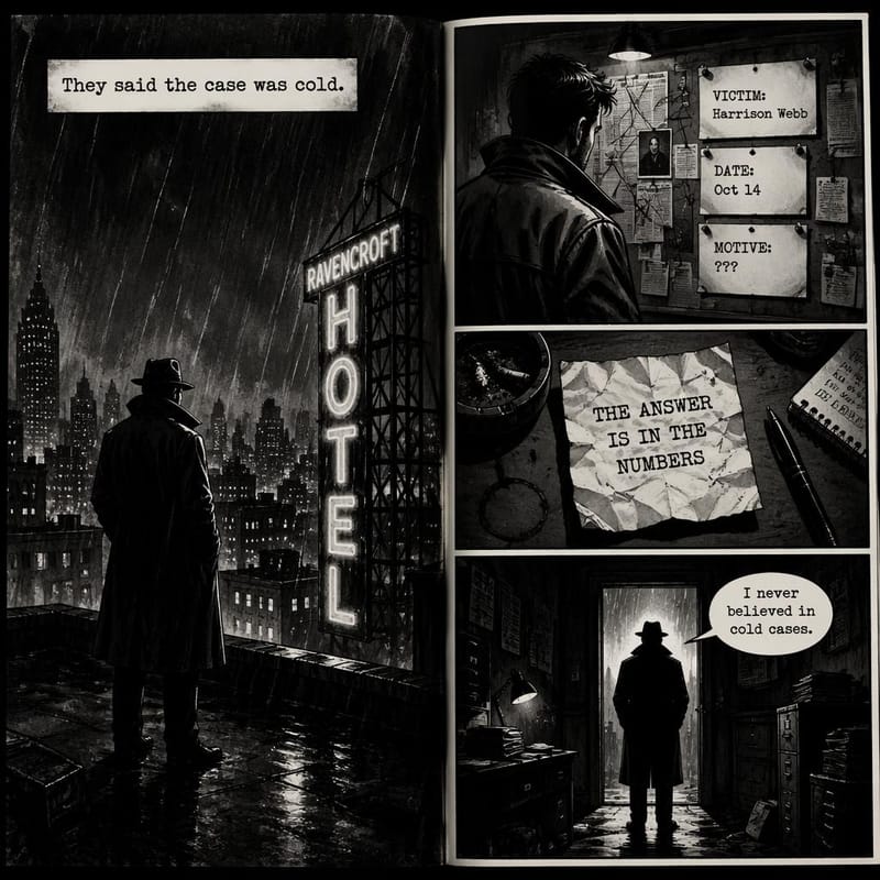 Noir graphic-novel double-page spread with dialogue and evidence board