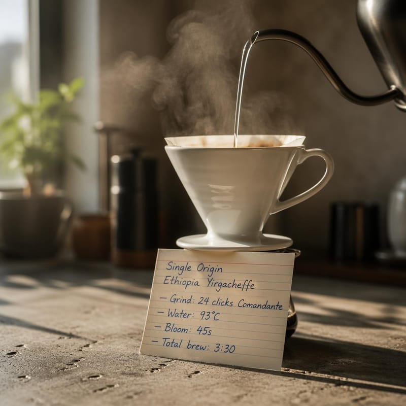 DSLR macro shot of a pour-over coffee with a handwritten recipe card