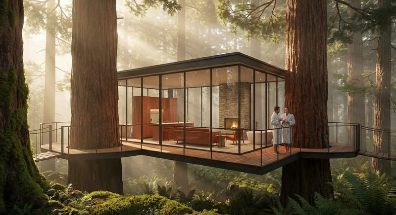 Architectural visualization of a modern treehouse hotel