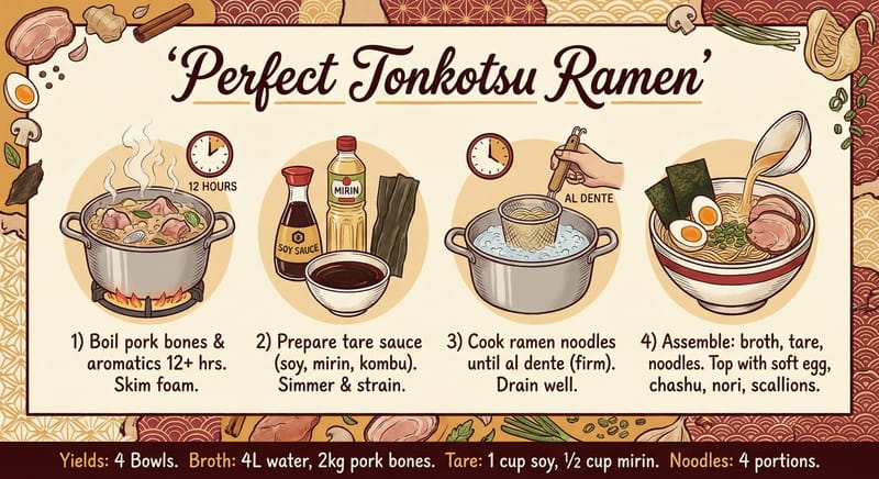 Illustrated ramen recipe card with step-by-step instructions