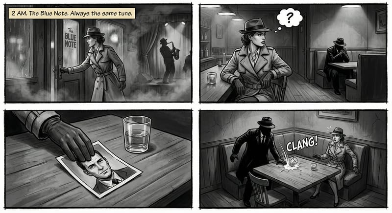 Comic-style storyboard with consistent characters across four panels