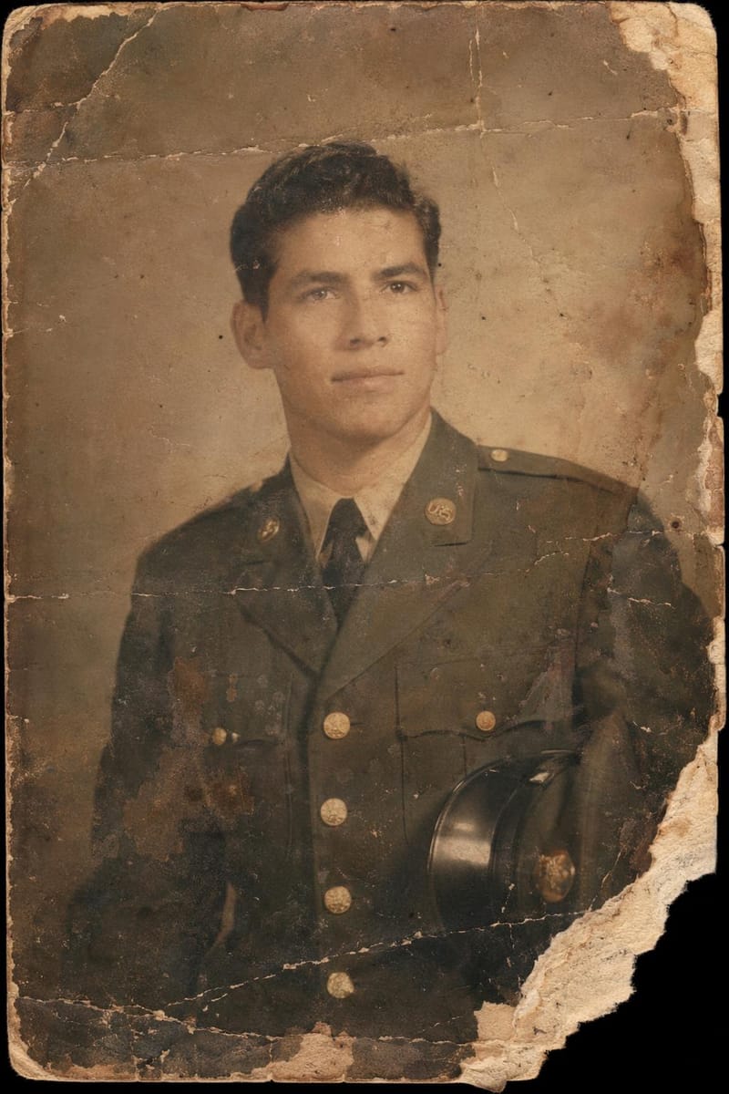 Damaged original — Restored 1950s Army portrait of Linda's father