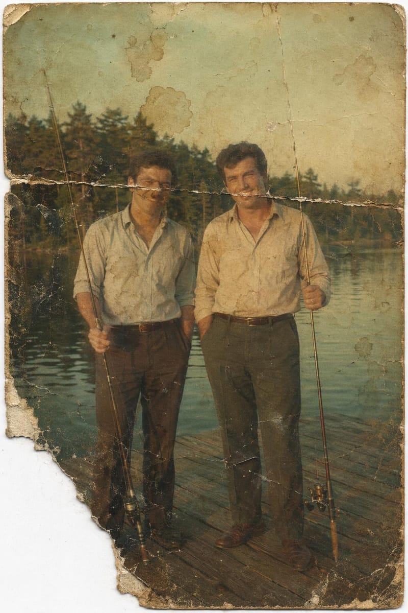 Damaged original — Restored 1968 photo of Robert's father and uncle on a fishing dock